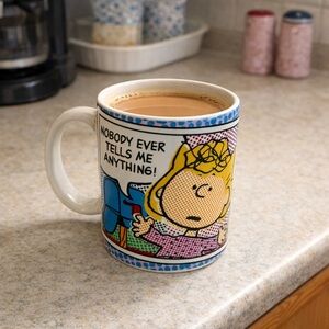 🍓 5 FOR $40 Gibson Peanuts Sally Retro Blue and White Comic Coffee Mug